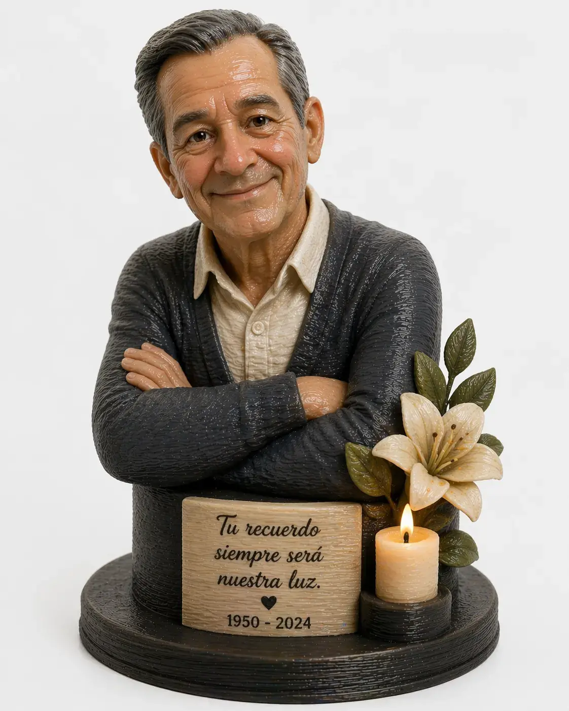 Figura memorial en 3D de persona fallecida — homenaje permanente y delicado