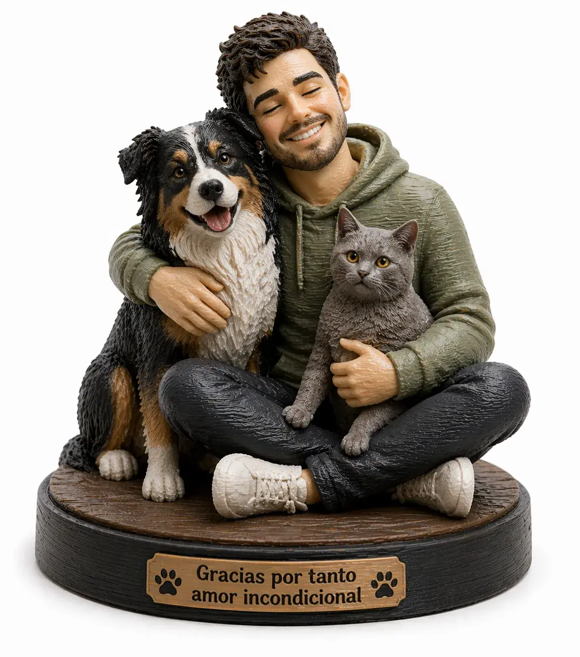 Figura de mascota con dueño en 3D — persona y animal juntos